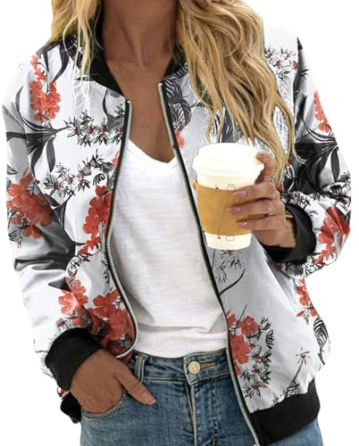 UPOI Bomberjacke Damen Blumenmuster Coat Sommer Blouson Reißverschluss Herbst Frühling Jacket Mädchen Sommerjacke Kurz Outwear College Jacke leichte Pilotenjacke Langarm Fliegerjacke Pilotenjacke