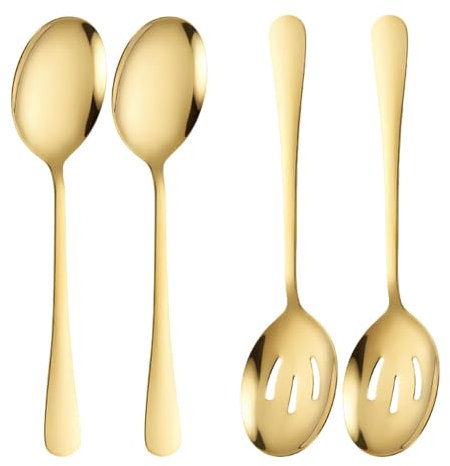 Stainless Steel Serving Spoon Set, 4 Pcs Include 2 Serving Spoons and 2 Slotted Spoons, Dishwasher Safe Utensils for Restaurants, Buffets, and Home(Color:Gold)