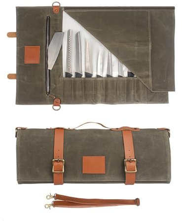 Bolsa para Cuchillos, Bolsa Enrollable Profesional para Chef con 10 Ranuras y Bolsillos con Cremallera, Bolsa Enrollable de Lona Encerada para Cuchillos de Chef, con Correa de Hombro Ajustable