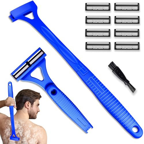 Dexspoeny Rückenrasierer für Männer und Frauen (DIY), Körperhaartrimmer mit faltbarem, extra langem ergonomischem Griff, Nass- und Trockenrasierer-Technologie mit 8 ultrascharfen austauschbaren