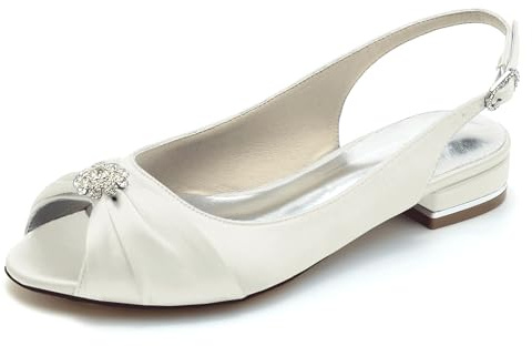 Women's Peep Toe Bridal Shoes with Rhinestone Sexy Satin Chunky Low Heels Slingback Sandals for Ankle BuckleEvening Party Ballet Court Shoes,Ivory,38