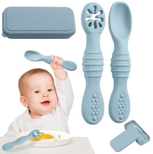 GHPKOTW 2 PreCucharas Bebé Silicona, Cucharas BLW Aprendizaje 2 Etapas, Cubiertos Recomendados Por Nutricionistas, PreCucharas Antibacterianas Y Ergonómicas, Set Con Portacubiertos, Azul