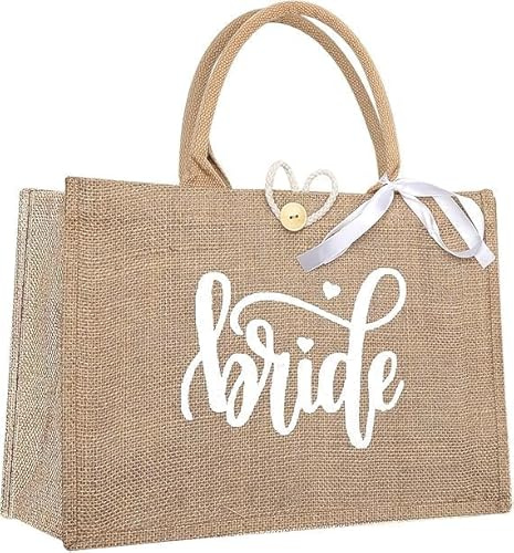 ZRUEWOT Bride Jute Tragetasche Hochzeit Braut Tasche mit Schriftzug Bride und Weiß Band Brauthandtasche Schleifenband Geschenk für Brautdusche Junggesellenabschied Team Bride JGA Accessoires