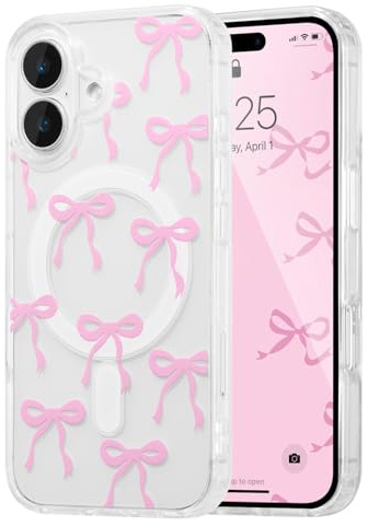 UEEBAI Magnetisch Hülle für iPhone 17, Rosa | Schleife Transparente Handyhülle mit Kabelloses Laden, Kameraschutz Anti-Vergilbung Schutzhülle, Stoßfeste Bumper Cover Case