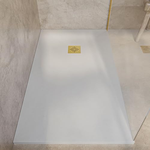 SoulHome Receveur de douche Résine 190x90 Crème Clair Grille Dorée | Antidérapant C3, extra-plat, résine et charge minérale, texture pierre lisse, antibactérien, gel-coat, + bonde d'évacuation