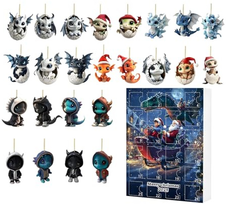 Fenayuu Countdown Kalender,Niedlich 2D Drache Advent Weihnachtskalender - 24 Tage Acryl Deko Mit Figuren Für Schreibtisch Wand Baum Büro Jugend Kinder Erwachsene