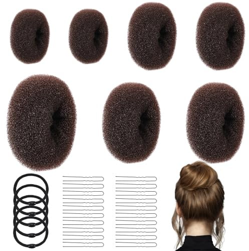 Jeffdad 32 Stück Duttkissen Haar Donuts Haarknotenformer Frisurenhilfe | 7 Stück Haar Donut Brötchen Maker mit 5 Elastischen Haarband und 20 U-Form Haarspange für Kinder Mädchen Frauen (3 Größen)