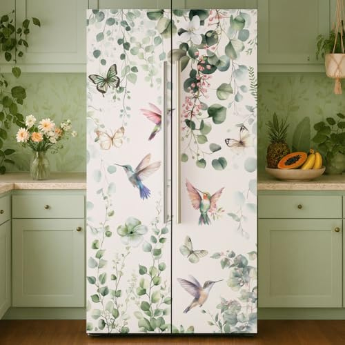 GOMAKERER 2 Pcs Plant Themed Removable Refrigerator Wraps, Self-Adhesive Fridge Door Mural Vinyl Freezers Panel Cover Sticker for Kitchen Bar Decor, 41.5x200cm