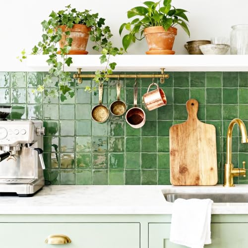 Alwayspon 15x15cmx10Pcs 3D Self Adhesive Wall Tile Sticker Transfers, Peel and Stick Adhesive Waterproof Splashback Stick on Tile Decals for Kitchen Bathroom Wall, Retro Green