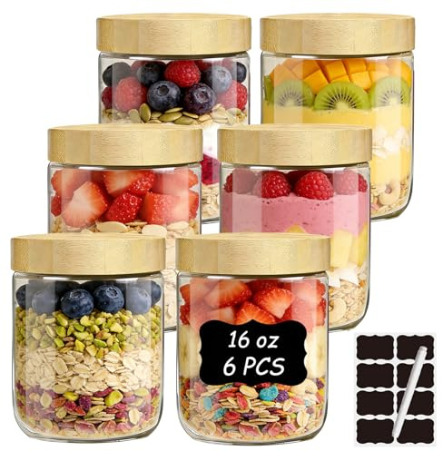 twoant 6 Stück Overnight Oats Gläser,500ml Einmachgläser mit Bamboo Deckel Schraubdeckelfür Hausgemachte Marmelade,Joghurt,Pudding,Einlegen.Etiketten & Stift