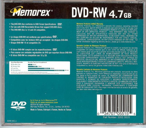 Memorex DVD-RW 4,7 Go de données 1X – 2X ou 120 minutes vidéo