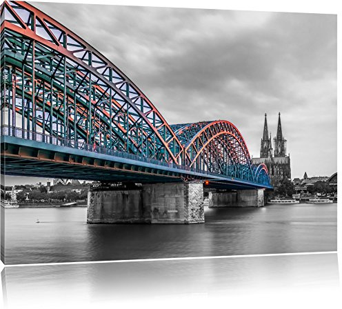 Pixxprint schöne Hohenzollernbrücke mit Kölner Dom B&W, Größe: 100x70cm, Leinwandbild, fertig gespannt, Wandbild, Dekoration, Kunstdruck, kein Poster