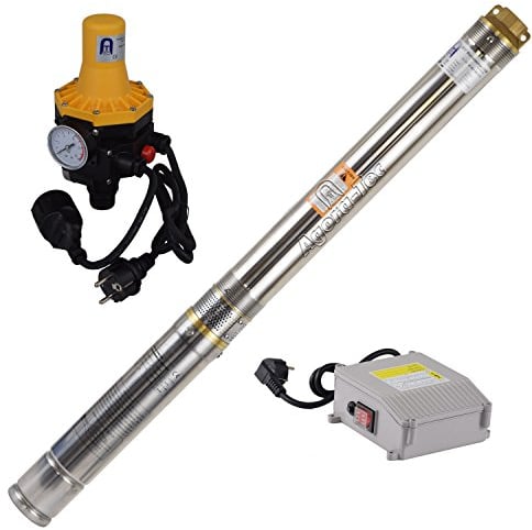 Agora-Tec® at- 3 Zoll 370W-3DW Tiefbrunnenpumpen Set für einen 15 Meter tiefen Brunnen, 3 Zoll Brunnenpumpe und Druckschalter mit Trockenlaufschutz für Haus und Garten mit max: 5,5 bar, 3000l/h