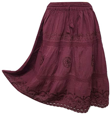 Doorwaytofashion Cotton Summer Skirt Midi Boho Hippie Crochet Lace Tiered One Size 10 12 14 16 18 (Burgundy)