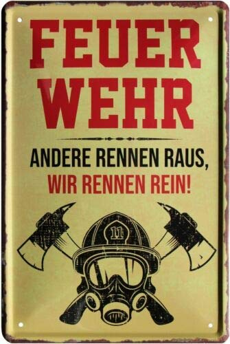 WOGEKA ART Retro Blechschild - Feuerwehr - Andere rennen raus, wir rein - witziger Spruch als Geschenk-Idee zum Geburtstag Weihnachten zur Dekoration 20x30 cm Vintage-Design aus Metall 1573