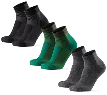 DANISH ENDURANCE Kurze Merino Wolle Wandersocken, Sommer Wollsocken, Unisex, für Herren & Damen, 3 Paar, Mehrfarbig (1x Dunkelgrün, 1x Grau, 1x Schwarz), 43-47