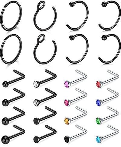 D.Bella Nasenpiercing Set Nasenring Chirurgenstahl L Förmig Nasenstecker Nase Stecker mit Strass Nase Piercing Schmuck 24Stk Silber/Schwarz