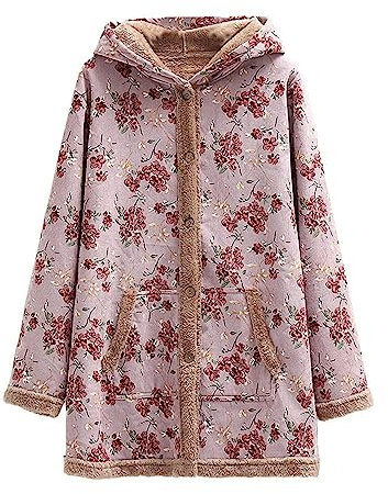 Onsoyours Veste Femme Manteau Trench Automne Hiver Ethnique Rétro avec Capuche Manteaux avec Doublure Peluche Blouson Coupe Vent Trench Coat Polaire Chaude Rose 01 XS