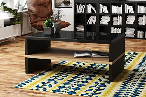 Mazzoni Rock Couchtisch Schwarz Hochglanz/Eiche Gold 110x60cm mit praktischer extra Ablage modern stabil Wohnzimmertisch Beistelltisch Sofatisch Zeitloses Design platzsparend Wohnzimmer kleine Räume