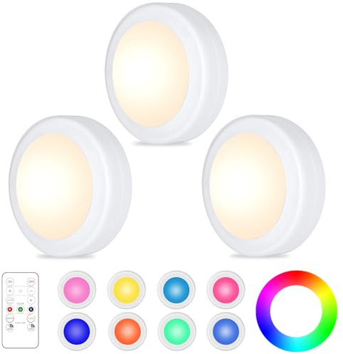 3 Packs Under Cabinet Lights with Remote, 16 Colors RGB Wireless Lights | dimmbar under cupboard kitchen lighting, battery operated, stick on wardrobe puck lights for wine cabinet, staircase
