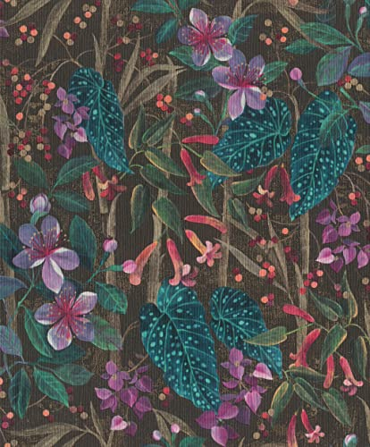 Rasch Tapete 538236 - Blumige Vliestapete mit Blättern und Pflanzen in Türkis, Lila und Schwarz aus der Kollektion Curiosity - 10,05m x 0,53m (LxB)