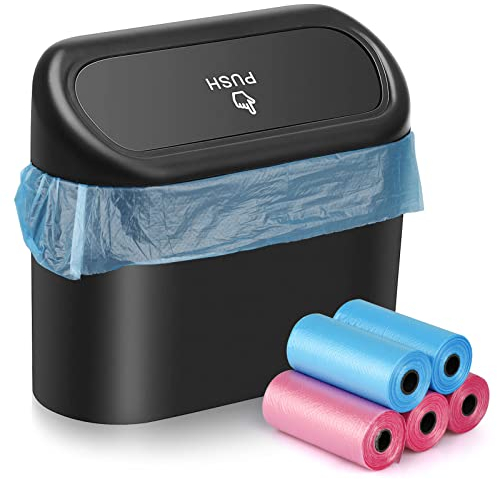 JOYSKY Car Trash Can Mini Trash Can Foldable Car Trash Bin with 100 Pieces Trash Bags Small Storage Box with Lid 15.5 x 6.5 x 14 cm