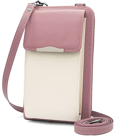 HNOOM Borsa a Tracolla Piccola da Donna in Pelle Vera Mini Portafoglio con RFID Blocco, Cerniera e Tracolla Regolabile (Rosa-bianco)