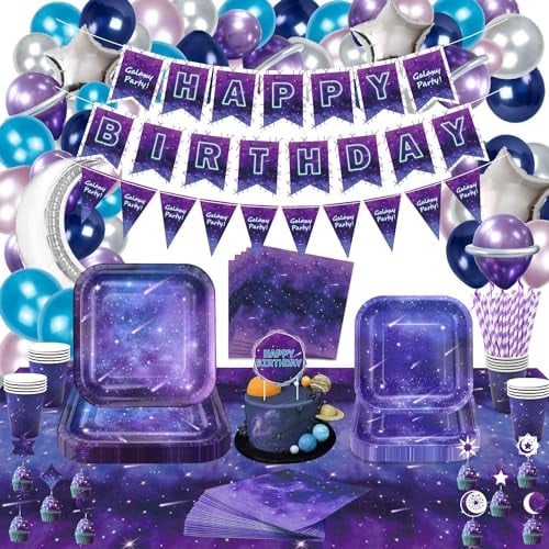 Space Galaxy Party Supplies, Outer Space Theme Party Decorations for Kids Girls Birthday, Include Starry Night Paper Plates, Tablecloth, Napkins, Cups, Banners, Balloons, Cake Toppers, Serves 20 Guest