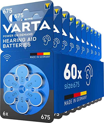 VARTA Batterie per apparecchi acustici tipo 675, 60 pezzi, blu, pile Power on Demand, confezione economica, per amplificatore acustico, Made in Germany