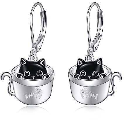POPLYKE Schwarze Katze Ohrringe für Damen 925 Sterling Silber Tasse Katze Leverback Ohrringe Schwarze Katze Geschenke Katze Schmuck für Mädchen