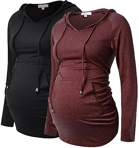 Bhome Umstands-Kapuzenpullover mit Langen Ärmeln, lässiges Oberteil, Basic-T-Shirt, Schichtung, Sweatshirt, schwarz/Burgunderrot, M