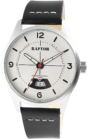 Raptor Falkor Herren-Uhr Leder Armband Datum Dornschließe 5 Bar Analog Quarz RA20376 (schwarz silberfarbig)