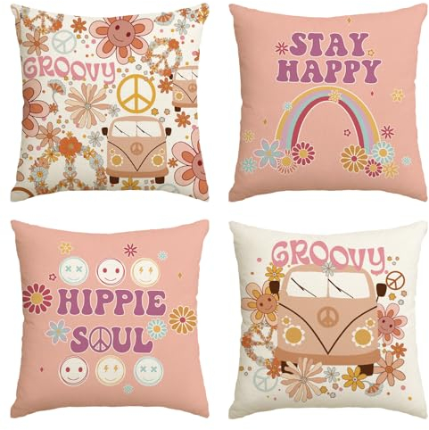 Artoid Mode Hippie Gänseblümchen Blumen Kranz Stay Happy Kissenbezüge 4er Set, 45x45cm Zierkissenbezug Cushion Cover Couch Wohnzimmer Deko