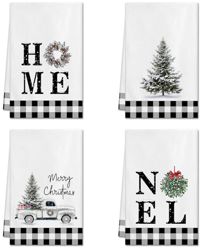 Ohok 4 Stück Weihnachten Handtücher 45x65 cm, Mode Dekoration Küchentücher Weihnachtsmann Geschirrtücher Weiche Mikrofasertücher für Badezimmer Küche Trockentuch Weihnachten Deko (Set K)