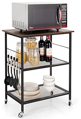 COSTWAY 3-Tier Rolling Baker’s Rack, Kitchen Storage Shelf with Lockable Wheels and Removable Hooks, Industrial Metal Frame Serving Cart for Home Office (2 Mesh Shelves, Rustic Brown)
