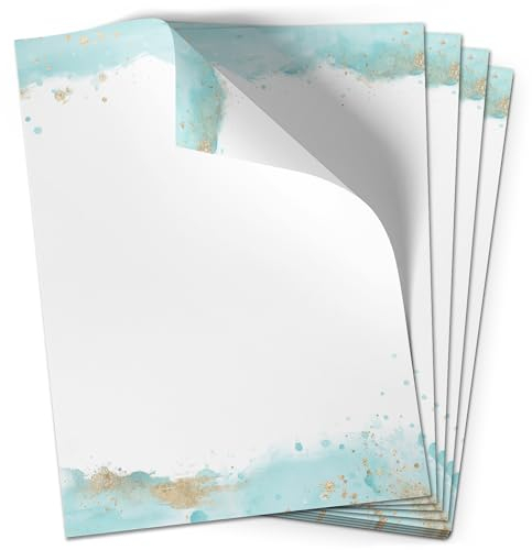 50 Blatt Briefpapier (A4) | Aquarell Blau Gold-Look | Motivpapier | edles Design Papier | beidseitig bedruckt | Bastelpapier | 90 g/m²