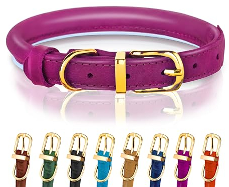 Hundehalsband aus gerolltem Leder - Leder Welpenhalsbänder für kleine Hunde Katzen - Runde Hundehalsbänder für mittelgroße Hunde - Weich Gepolstert (43-53cm, Rose)