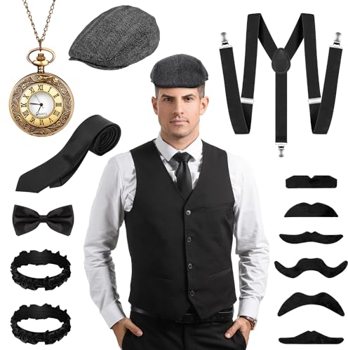 Alintor 20er Jahre Kostüm Herren, Faschingskostüme Männer, Mafia Karneval Kostüm Herren, 20er Jahre Accessoires Panamahut Taschenuhr Fliege Hosenträger Herren Kostüm Set