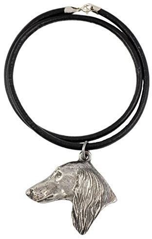 Art-Dog Hundekopf-Halskette auf Lederband - ArtDog Kollektion Hunde Halskette - Silberne Ketten mit Hundebildern - Schmuck mit Hunderassen - Saluki