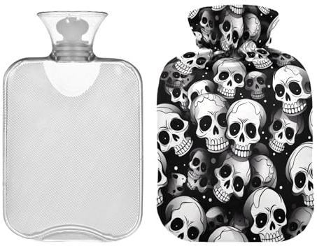 Klassische Wärmflasche mit Bezug, schwarze und weiße Totenköpfe, niedliche Wärmbeutel, tragbare Wärmflaschen zur Schmerzlinderung, Handfüße, Bettwärmer, 2 Liter