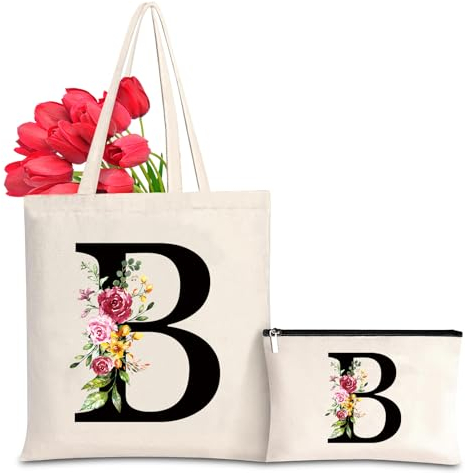Letras Personalizadas Tote, Bolso Tote de Mujer con Inicial y Flores Bolsa de Compras con Bolsillo Interior, Alfabeto Bolso de Cosméticos Regalos para Damas Amigas Mamá Regalo de Cumpleaños Boda (B)