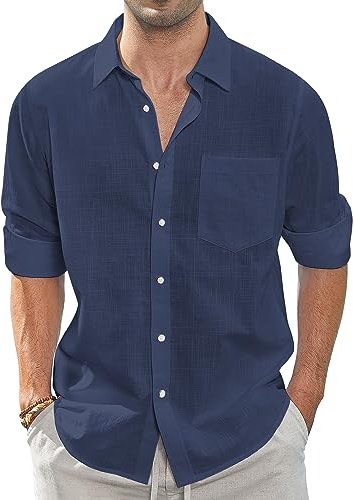 J.VER Sommerhemd Herren Langarm Leinenhemd Casual Einfarbig Hemd Button Down Leinenshirt,Marineblau,L
