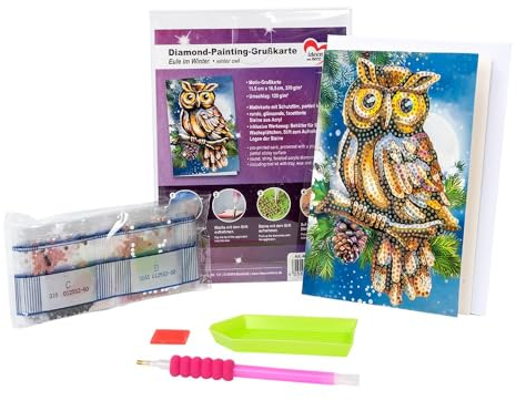 Ideen mit Herz Diamond-Painting-Grußkarte | Din B6 (11,5 x 16,5 cm) | 370 g/m² | inkl. Umschlag & Werkzeug (Eule im Winter)