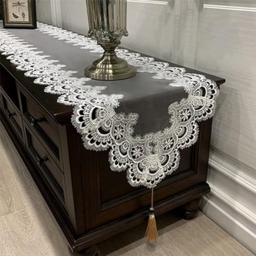 Oval Lace Table for RUNNER, White Vintage Embroidered Lace Tablecloth Cabinet Tablecloth, Floral Coffee Dressing Table for RUNNER for Wedding Banquet TV Cabinet(40 * 200cm D)