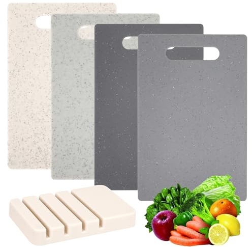 Schneidebrett Kunststoff 4er Set,Rutschfeste Küchenbrett Kunststoff mit Aufbewahrungsständer, Spülmaschinenfest BPA Frei, 28x18.5 cm, 4 Farben