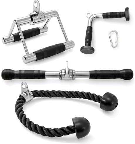 GYMAX Cable Machine Attachment Set, Weight Machine Accessories for Home Gym (Double D Roll Handle + V-Shape Handle + Triceps Rope + Straight Rotating Bar)