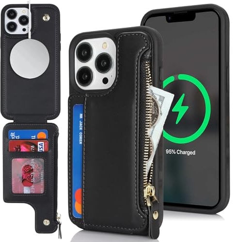 SailorTech iPhone 13 Pro Case with Credit Card Holder magsafe, iPhone 13 Pro Phone Leather Case Wallet for Women Compatible mag safe Card Slots Zipper Shockproof Case for Men - Black