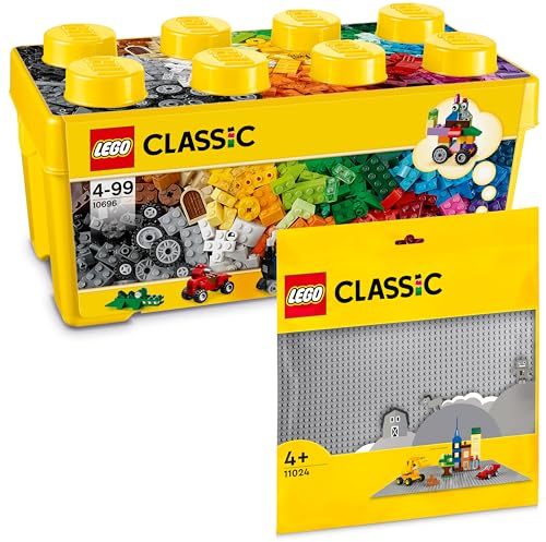 LEGO Classic Boîte de Briques de Construction Moyenne + Plaque Grise (Grande), Kit de Démarrage pour Enfants à Partir de 4 Ans