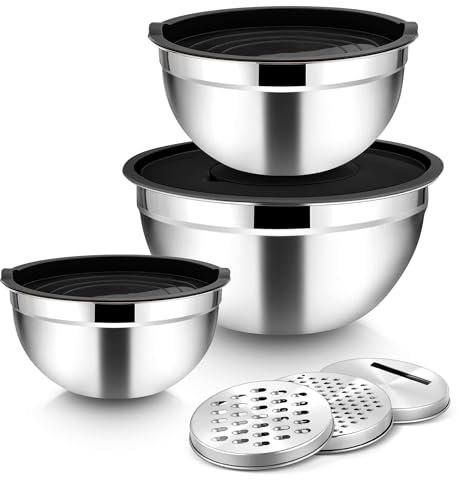 Joyfair Edelstahl Schüssel Set, 3-teilig Schüssel Rührschüssel mit Deckel, Salatschüssel mit 3 Reibenaufsätzen für Backen Aufbewahrung, 4,5L/2,7L/1,5L, Stapelbar & Spülmaschinenfest - Schwarz