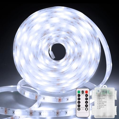 echosari 3M 90 LED Tira de luces LED a batería con control remoto, totalmente cubiertas, impermeables, temporizador, autoadhesivas, cortables, para TV, cocina, decoración al aire libre(blanco frio)